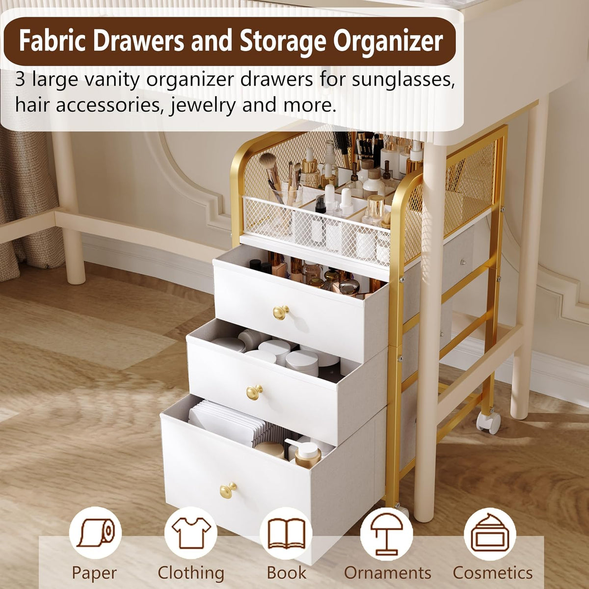 Rolling Makeup Organizer Cart with 3 Drawers Under Desk Storage