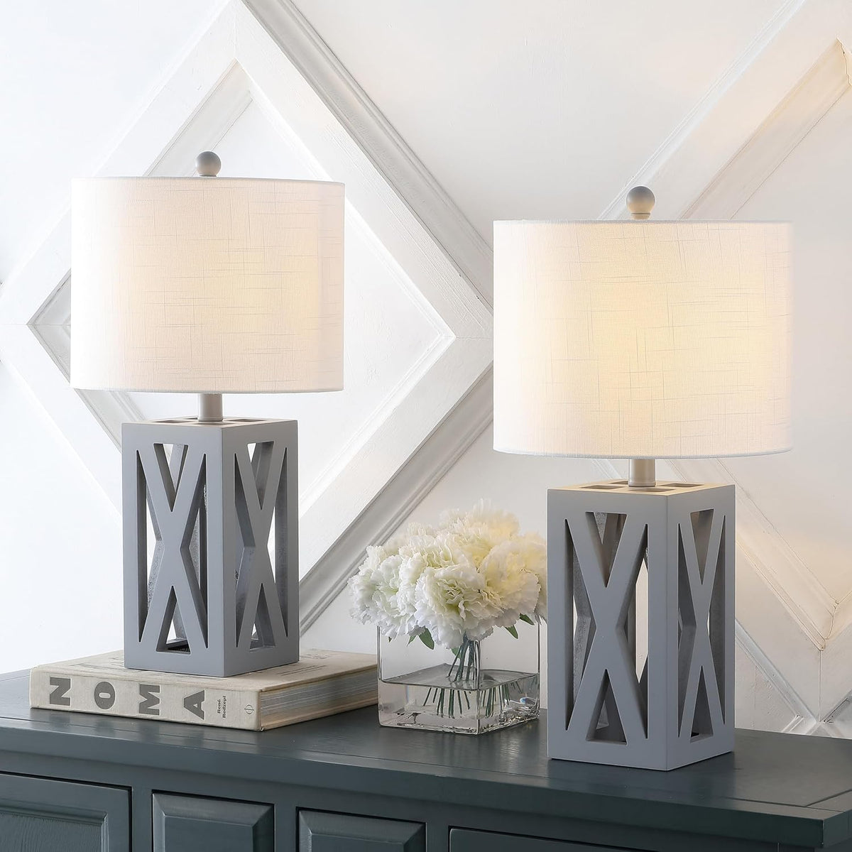 JONATHAN Y Stewart Rustic Wood Bedside Table Lamp 21.5", Gray, Set of 2