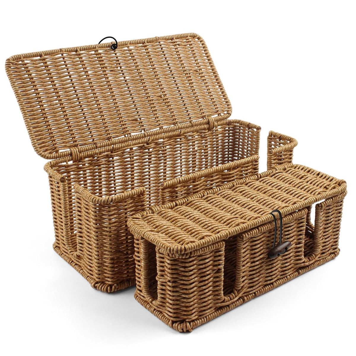 2 Pcs Large Rattan Cable Management Box, Cord Organizer Box with Lid Under De...