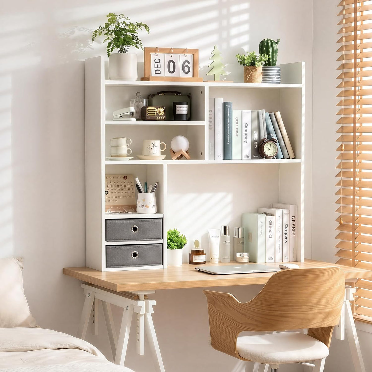 deli Desktop Bookshelf, High-Capacity Desk Hutch Organizer, White