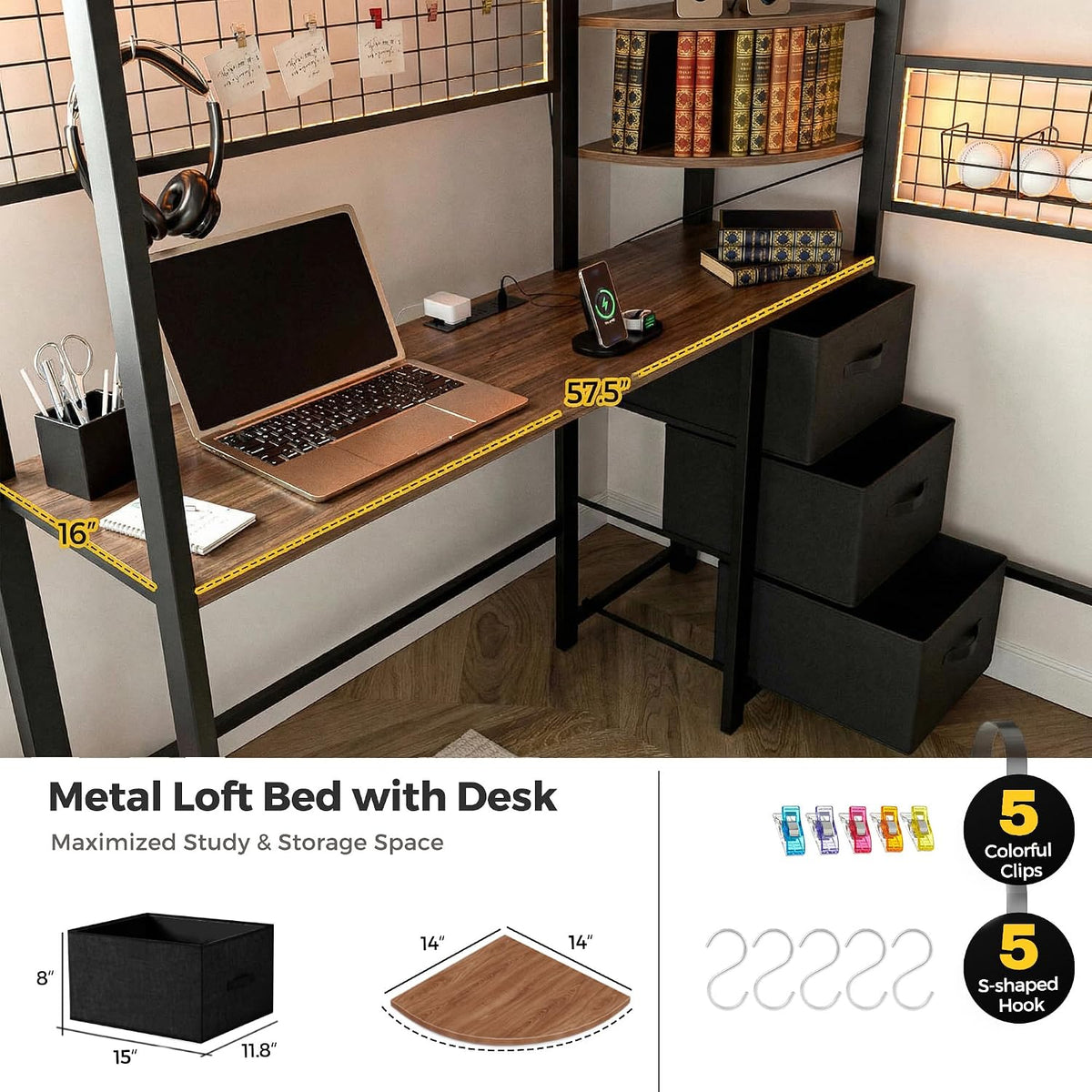 Kikihouse Loft Bed with Desk and Stairs, Headboard, Outlet (Black, Full)