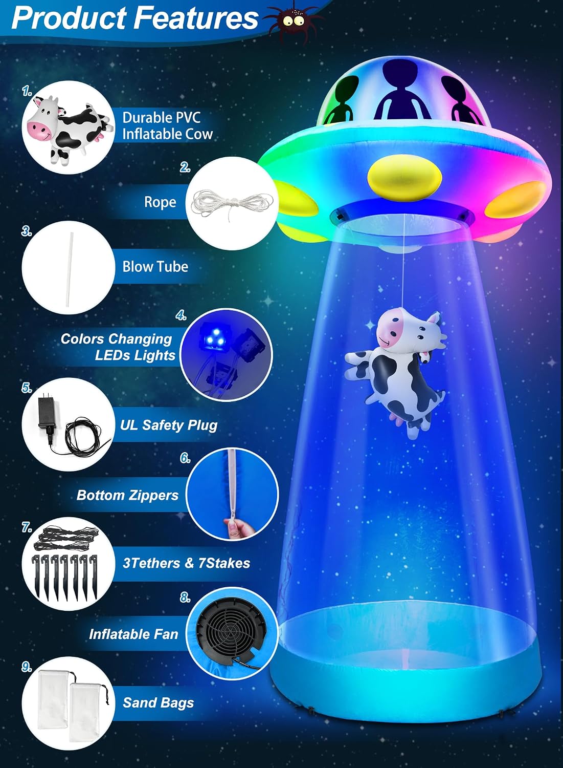 10 Ft Tall Halloween Inflatable UFO with Floating Cow Decorations Outdoor