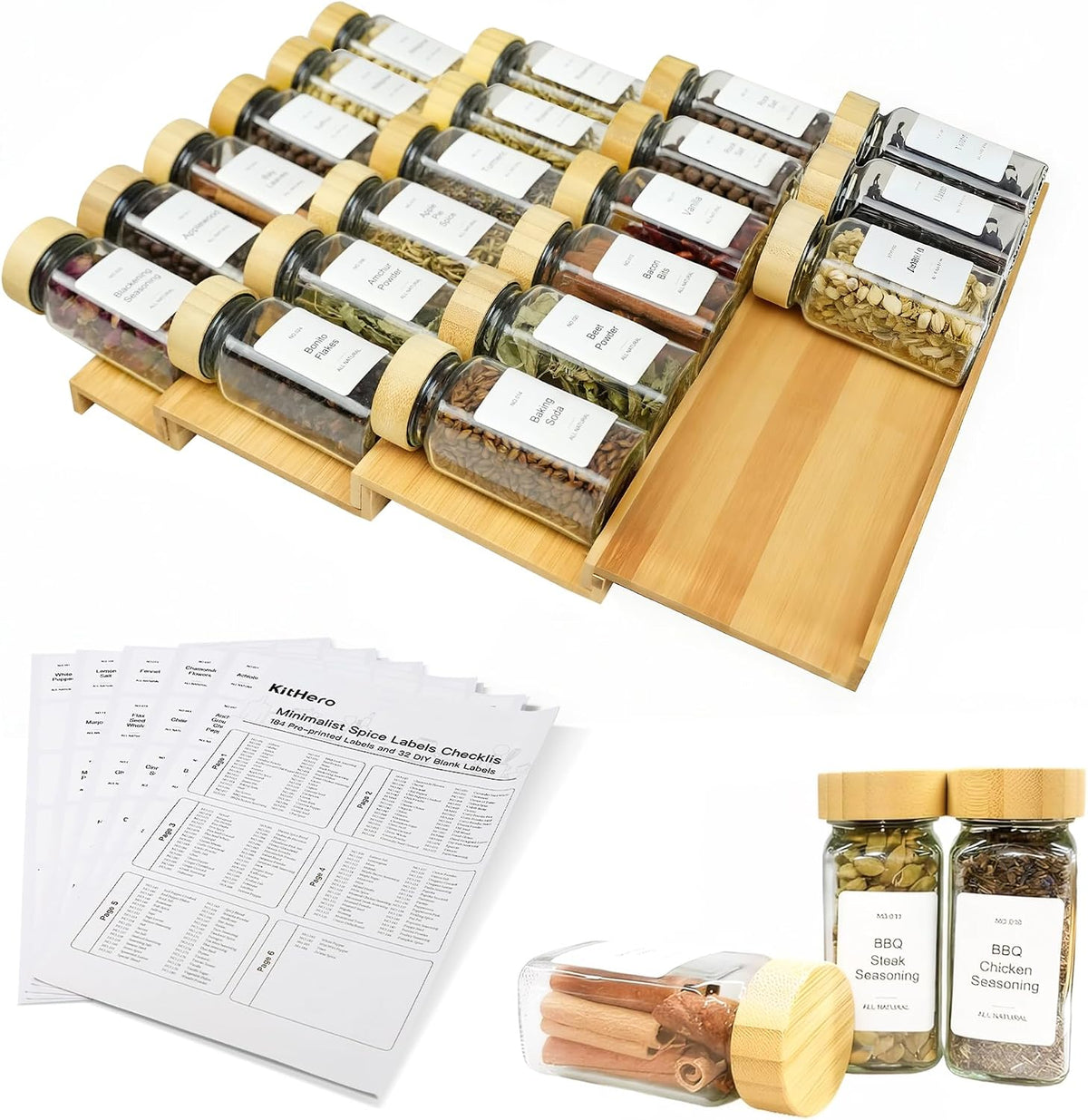 Spice Drawer Organizer with 24 Bamboo-lidded Spice Jars,216 Labels,25 Non-sli...