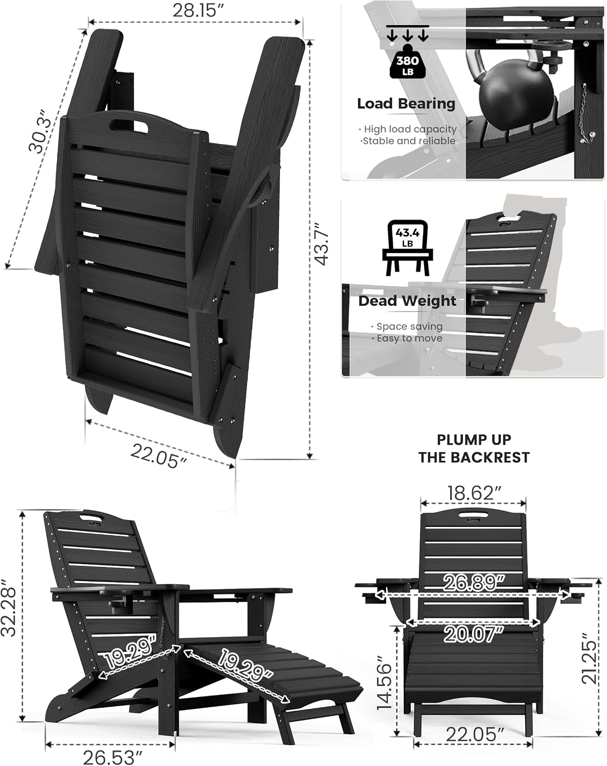 Ciokea HDPE Folding Adirondack Chair with Footrest,Black,1