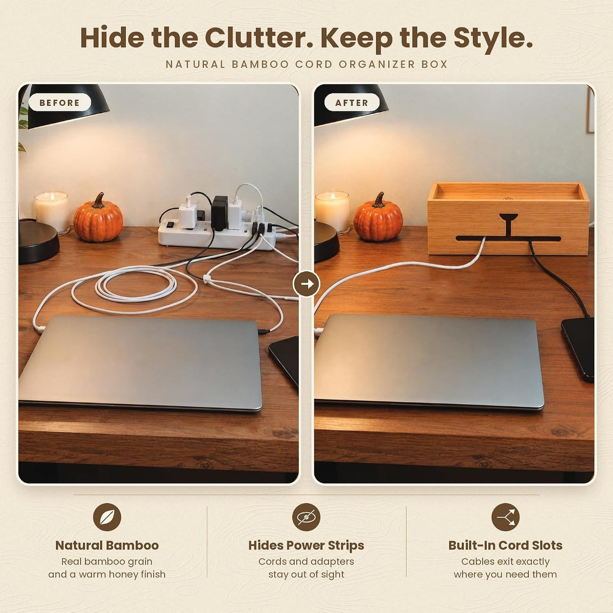 Bamboo Cable Management Box, Large 13.4” Wooden Cord Organizer Box