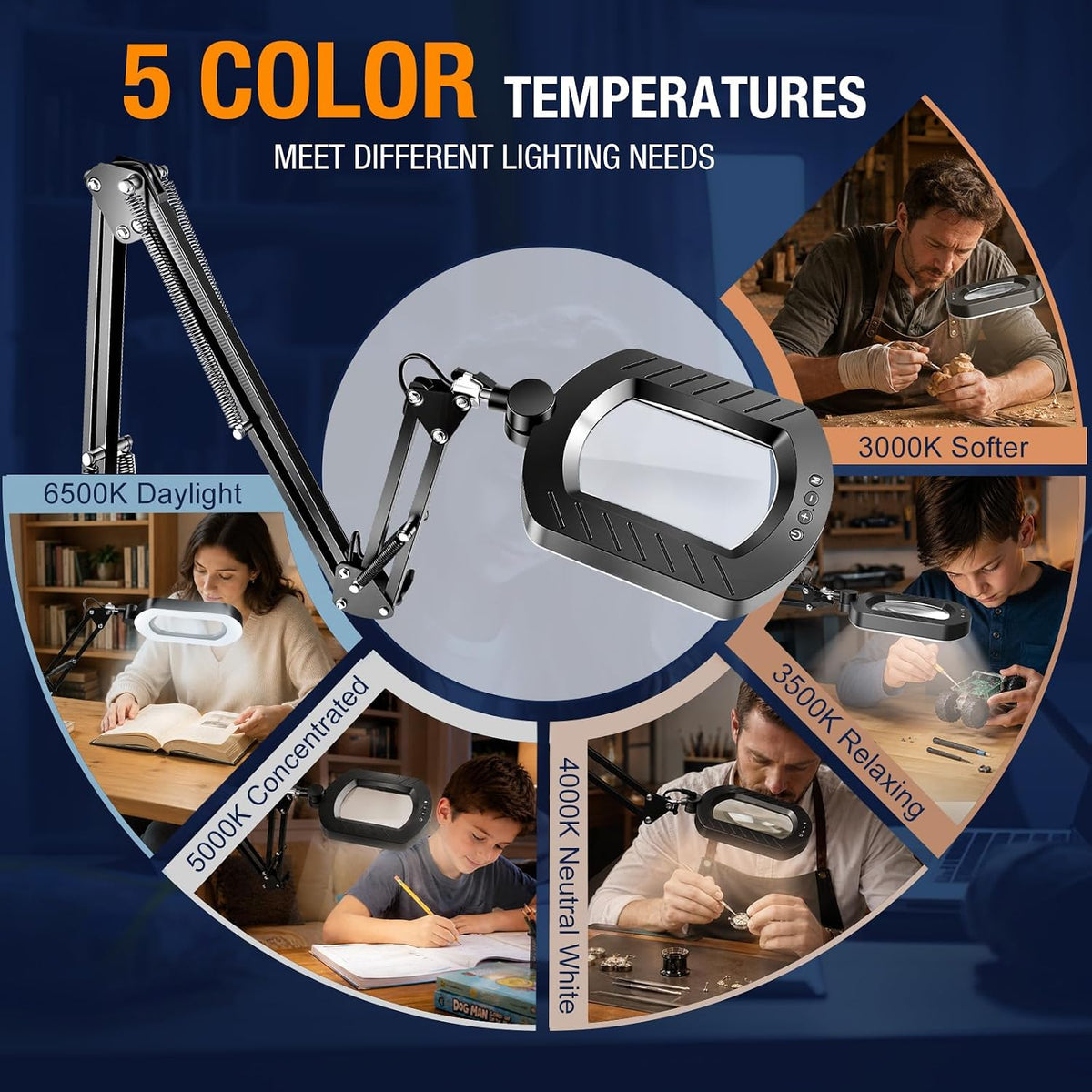 Magnifying Lamp with Light 12X, 3-Section Arm LED Desk Clamp Lamp (Black)