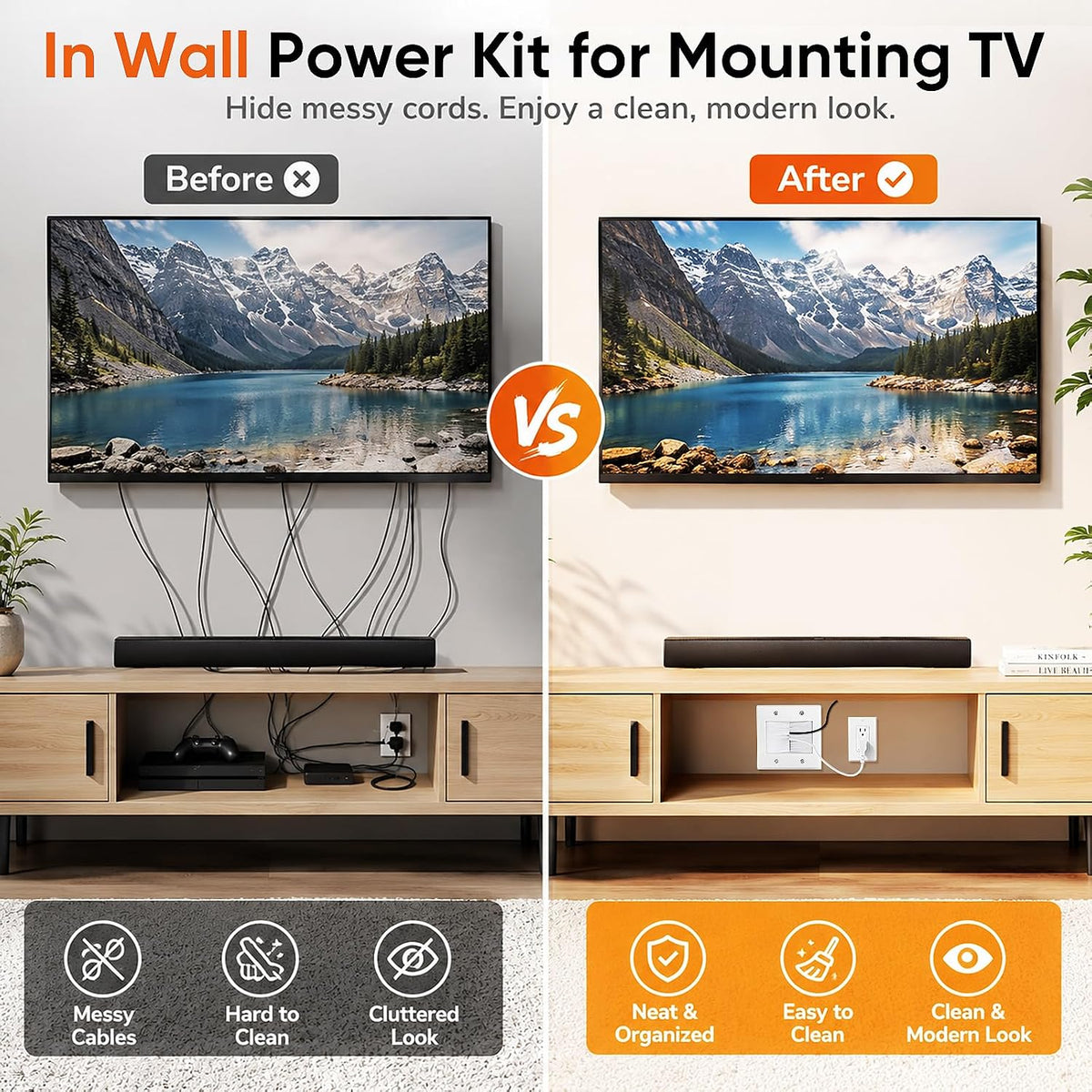 in Wall TV Cable Management Kit, Recessed Outlet Cable Hider for Wall Mount