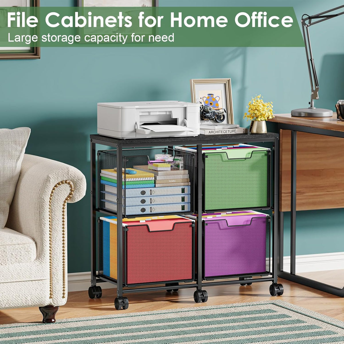 Sbanmao 4 Drawer Lateral File Cabinet, Mobile Filing Cabinet, Printer Stand w...