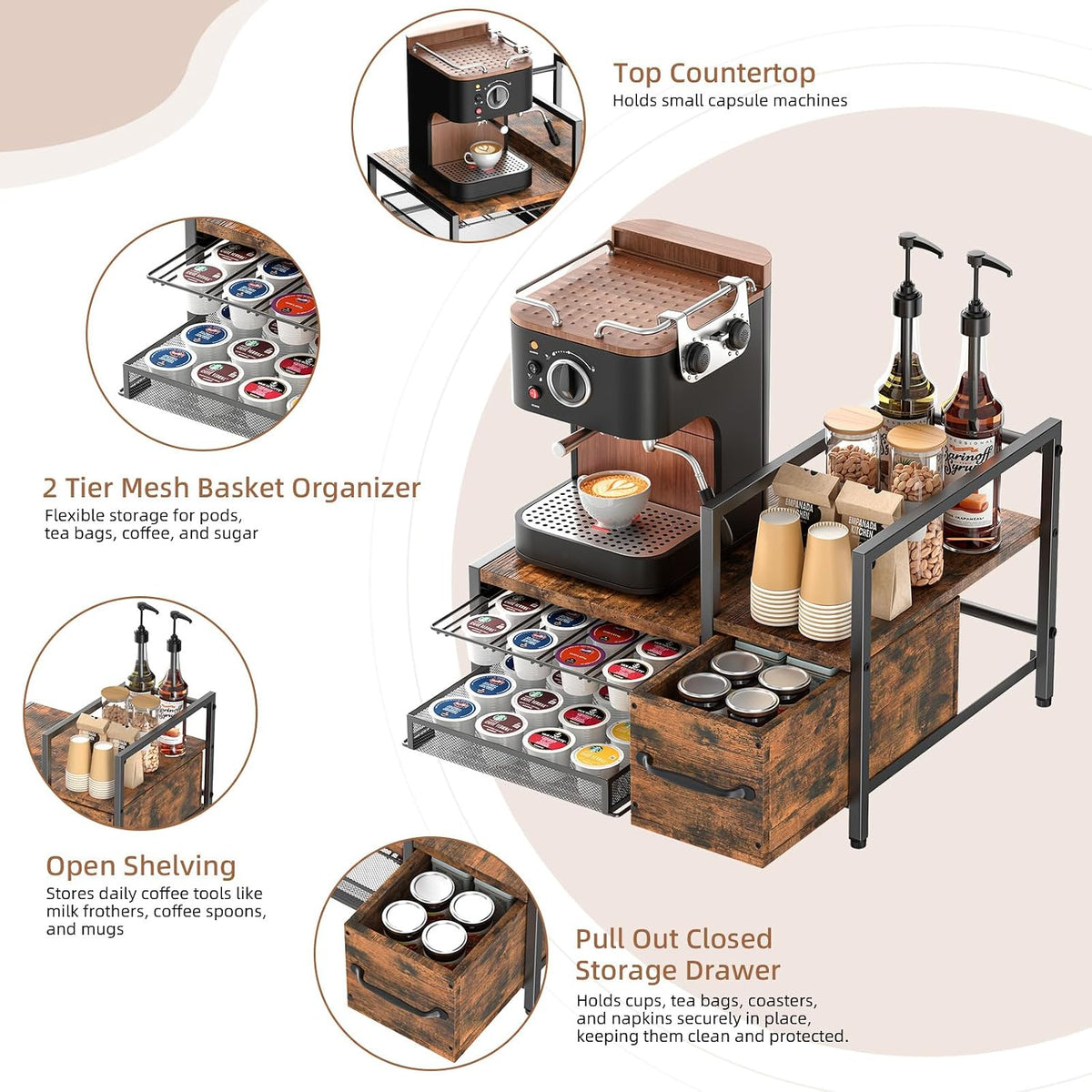 Coffee Bar Organizer For Countertop, with Sliding Storage Drawer
