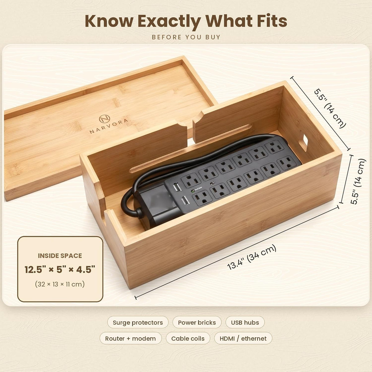 Bamboo Cable Management Box, Large 13.4” Wooden Cord Organizer Box