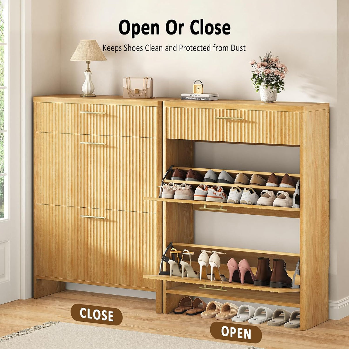 Fluted Shoe Storage Cabinet for Entryway, Narrow Wooden Shoe Cabinet with 2 F...