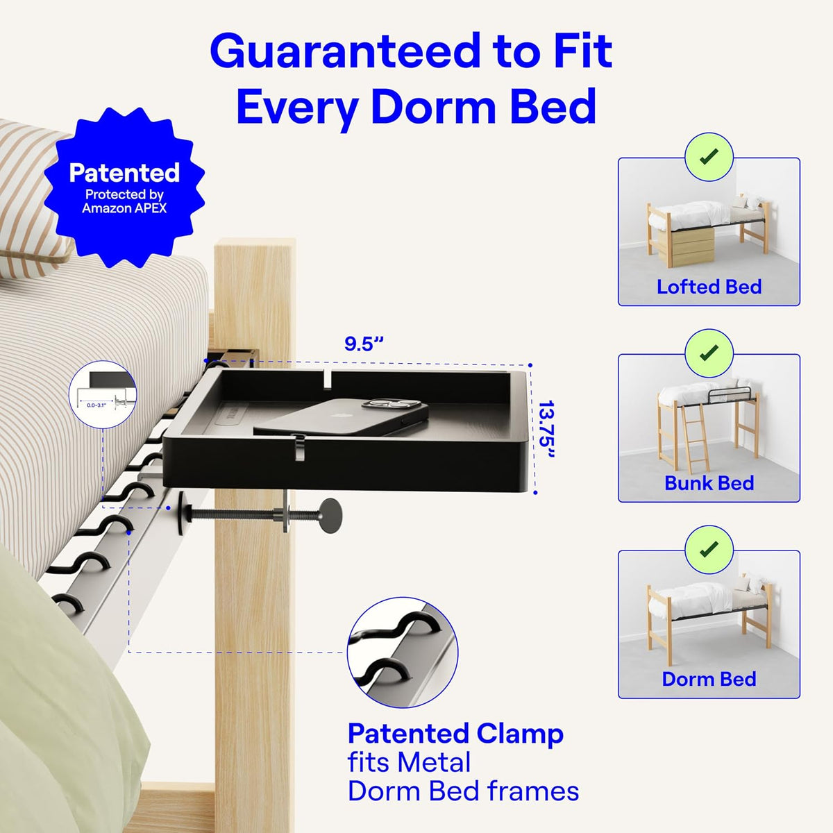 BedShelfie Wood Bedside Shelf for Bunk Bed & Top Bunk, College Dorm Room ...