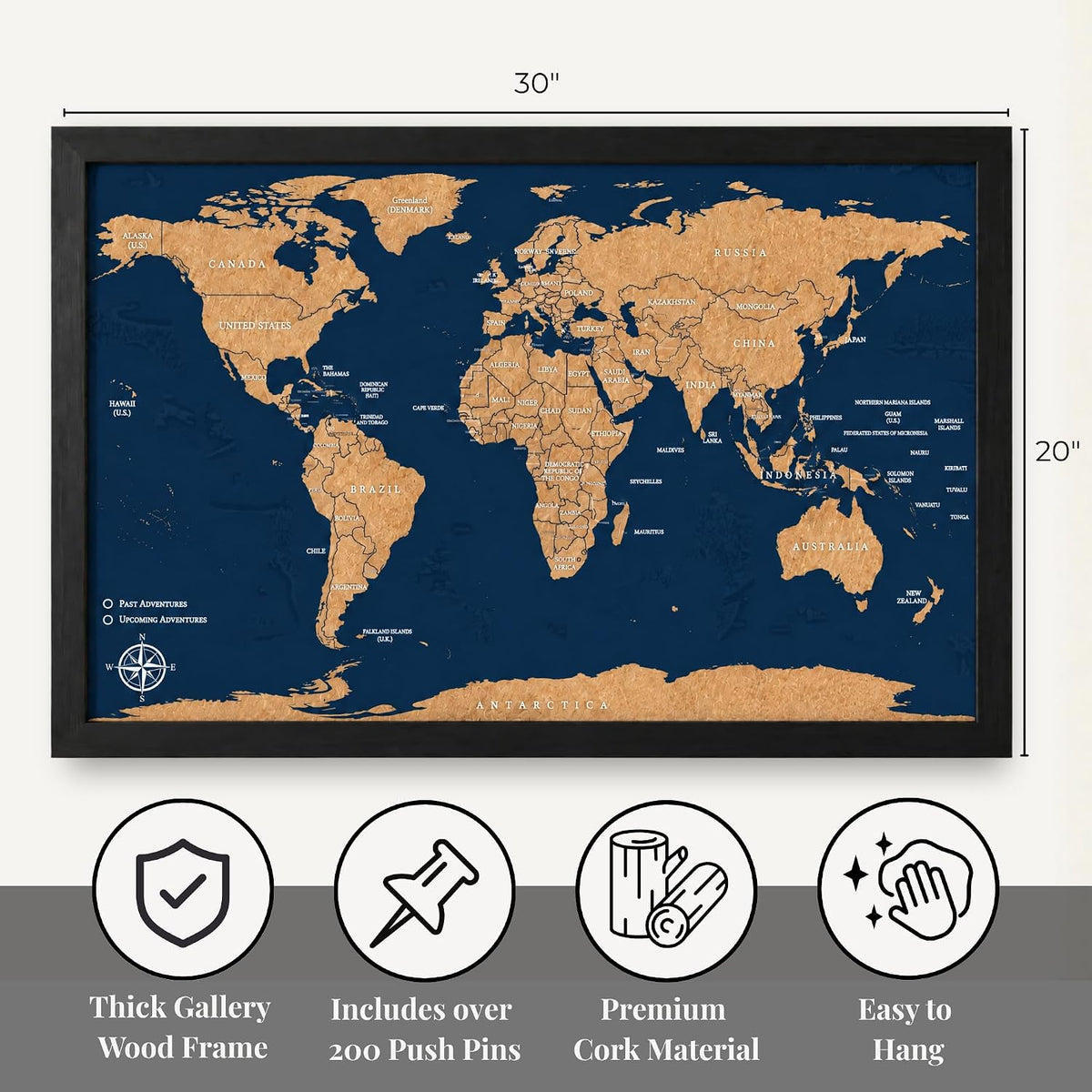 Large Push Pin World Travel Map – 30" x 20" Framed Cork Board Wall ...