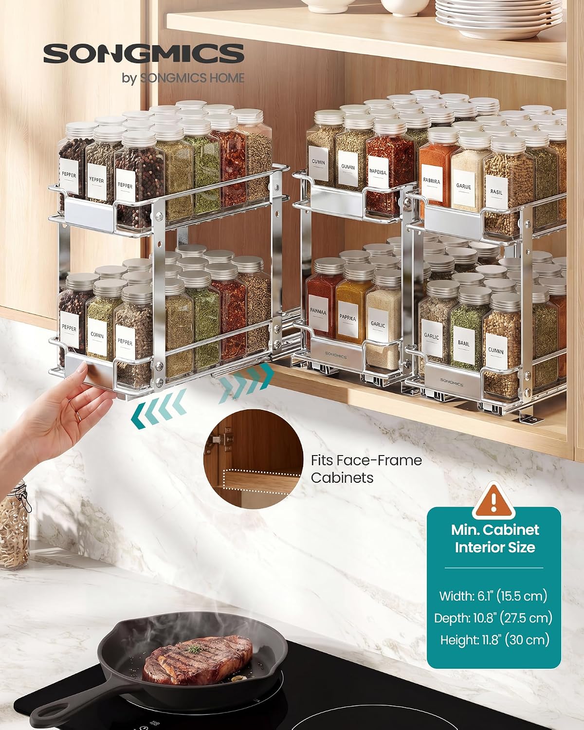 SONGMICS Spice Rack Organizer for Cabinet, Pull Out 2 Tier Thick Steel