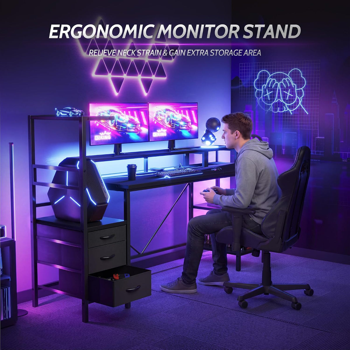 59 in Gaming Desk with Storage Drawers & Shelves, Reversible Computer Desk