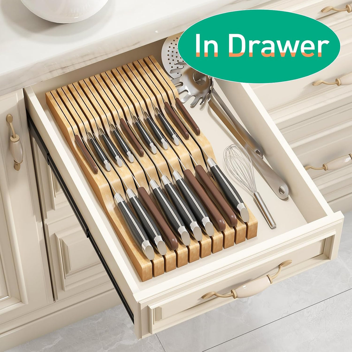 Bamboo Knife Drawer Organizer, In-Drawer Block Holds 19 Kitchen Knives