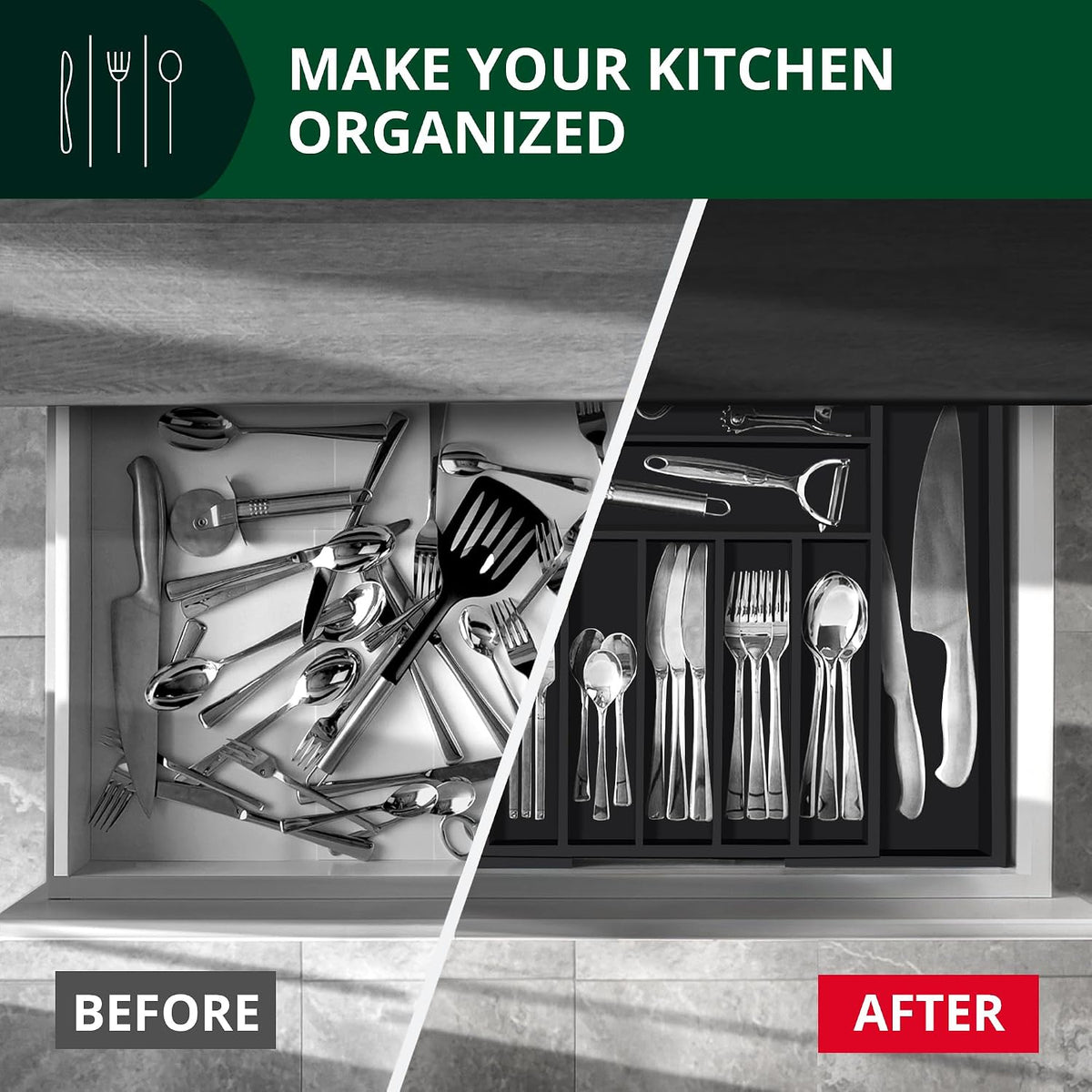 ROYAL CRAFT WOOD Luxury Bamboo Kitchen Drawer Organizer - Silverware Organize...