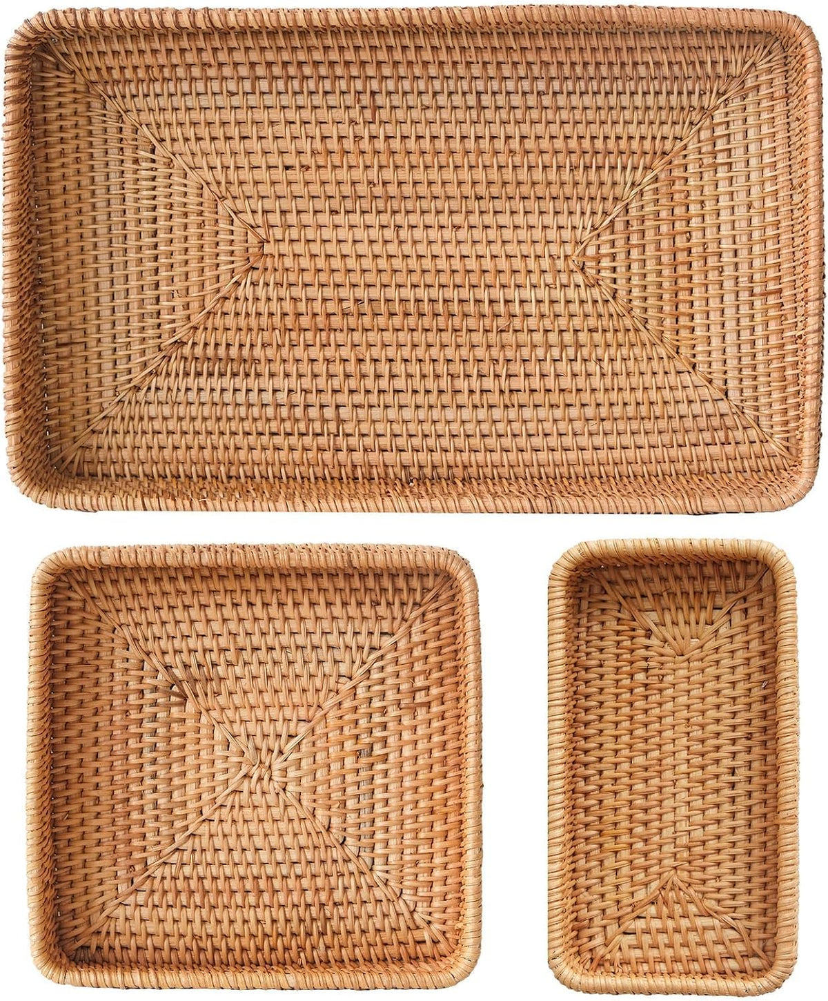 Rattan Serving Tray,Rectangle Wicker Storage Basket Set of 3 for Organizing