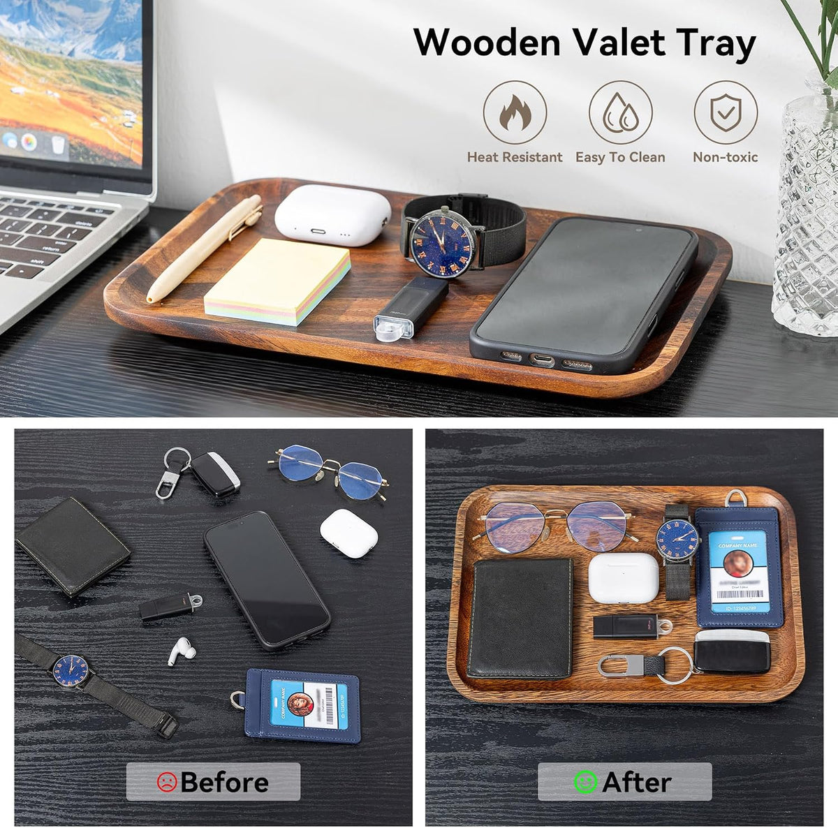5PCS Serving Acacia Wood Valet Tray for Men Women, Catch All Acacia Mens Key ...