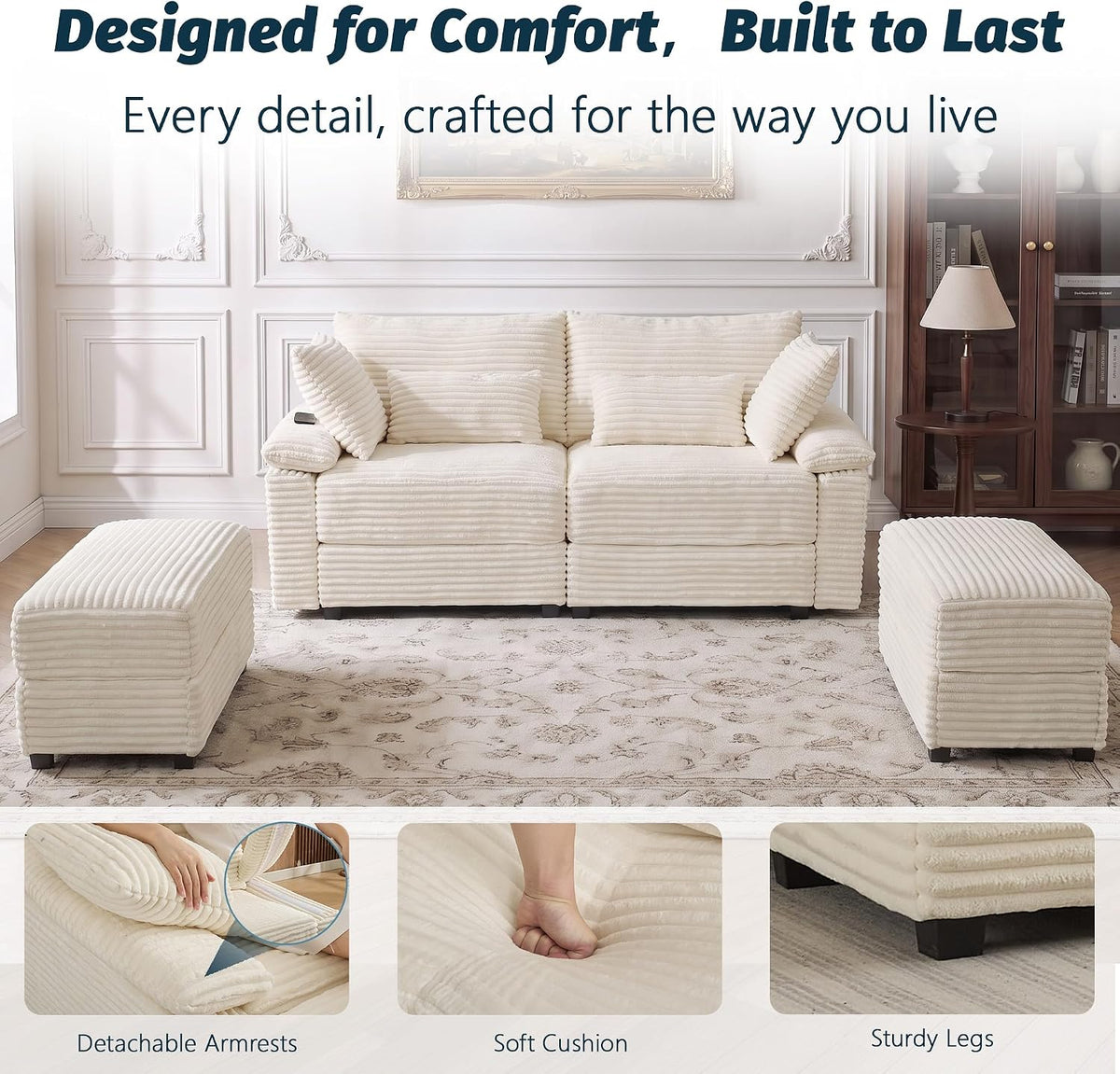 75" Corduroy Loveseat Sofa with Storage Ottoman,USB Charging,Beige