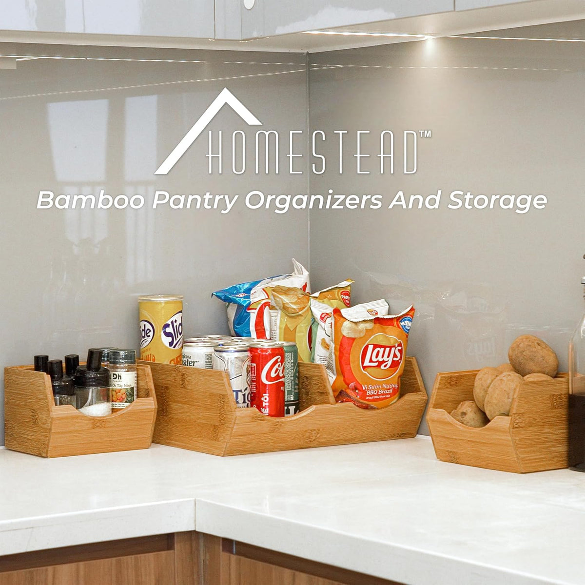 HOMESTEAD Bamboo Pantry Storage Bins – Stackable Potato & Onion Storage B...