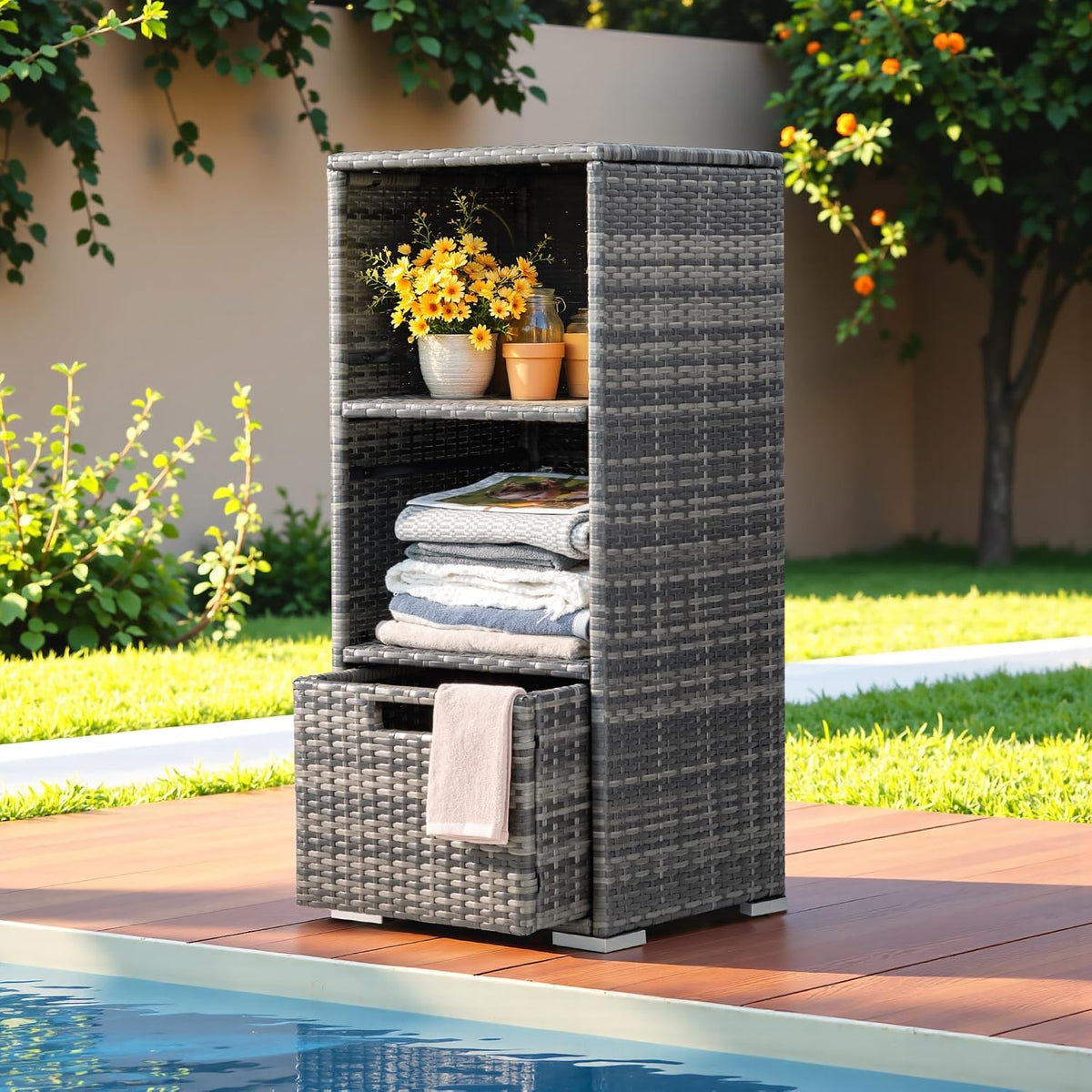 Greesum Rattan Storage Shed,Outdoor Towel Rack,Grey