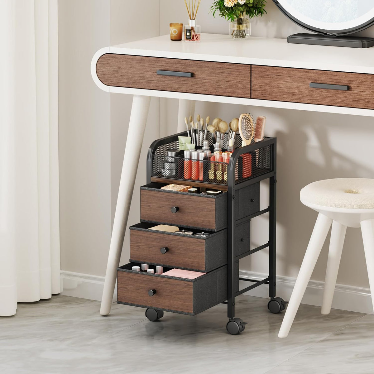 SWTYMIKI Rolling Makeup Organizer Cart - Under Desk Vanity Makeup Storage wit...