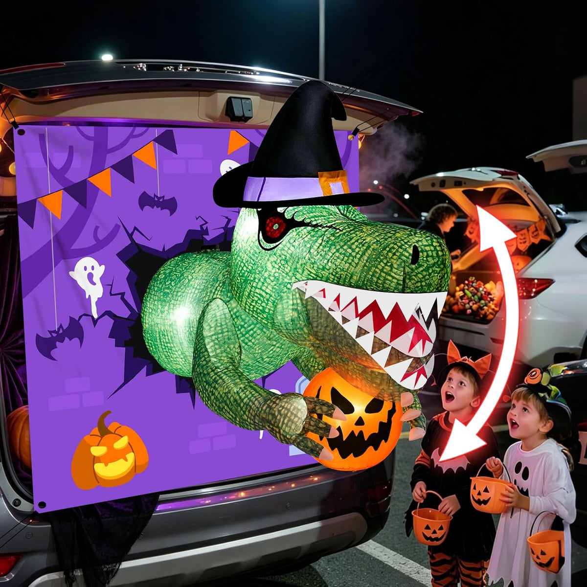 4 Ft Animated Trunk or Treat Car Inflatable Dinosaur,Halloween Trunk or Treat...
