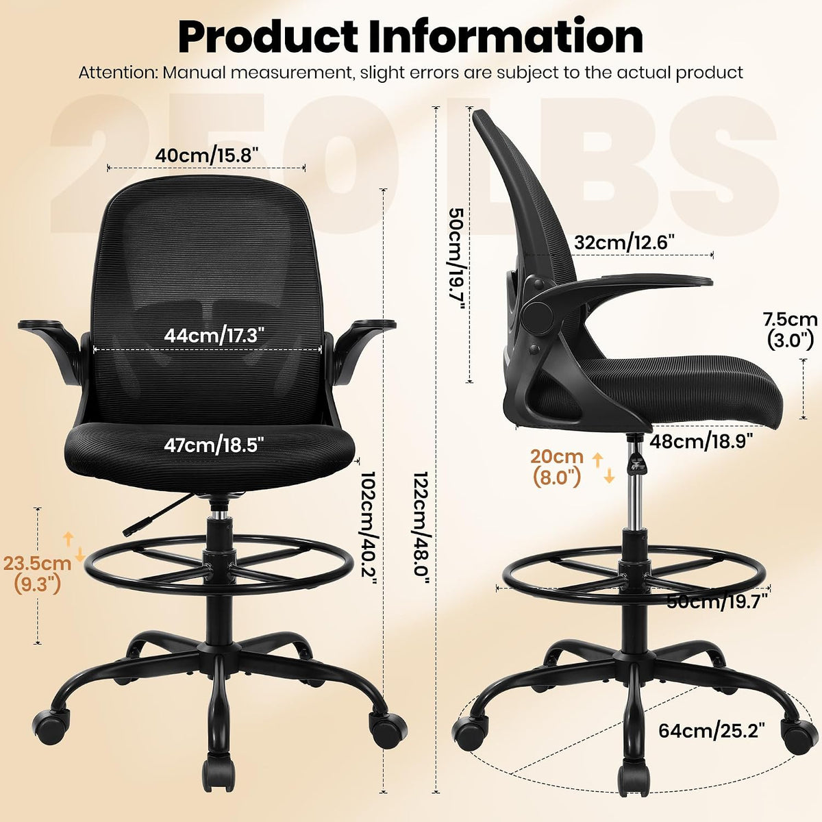 Primy Drafting Chair Tall Office Chair with Flip-up Armrests Executive Ergono...