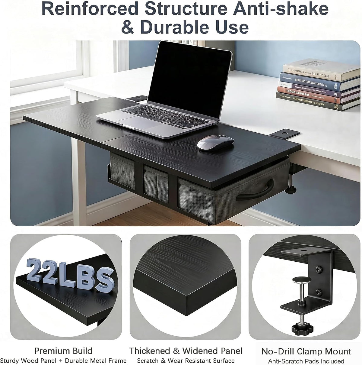 Desk Extender Tray, 24" x 12" Clamp On Desk Extension Shelf with Dr...