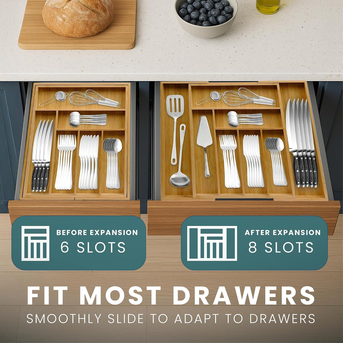 Sben Bamboo Cutlery Drawer Organizer, Bamboo, Medium