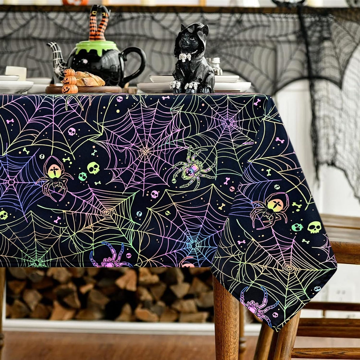 FRAMICS Halloween Tablecloth, Blacklight Table Cloth, Black Spider Web Table ...