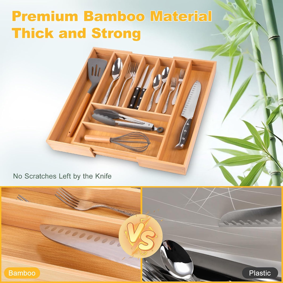 Large Premium Bamboo Silverware Organizer - Expandable Drawer Organizer &...