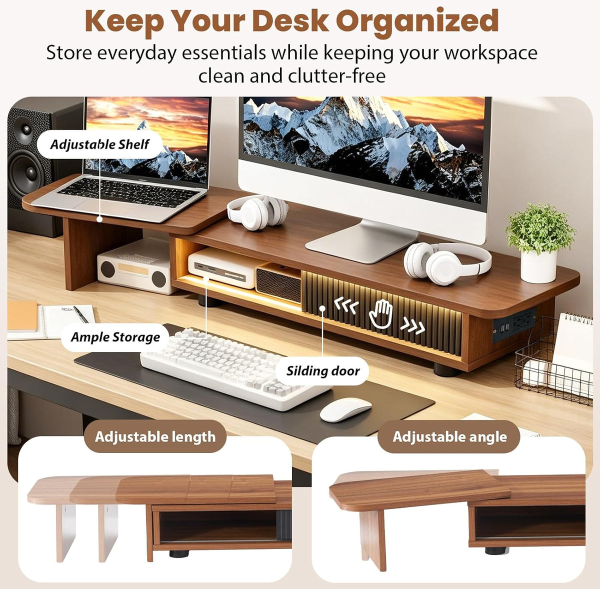 Artswish Dual Monitor Stand with Power Outlet, Brown Desk Monitor Riser