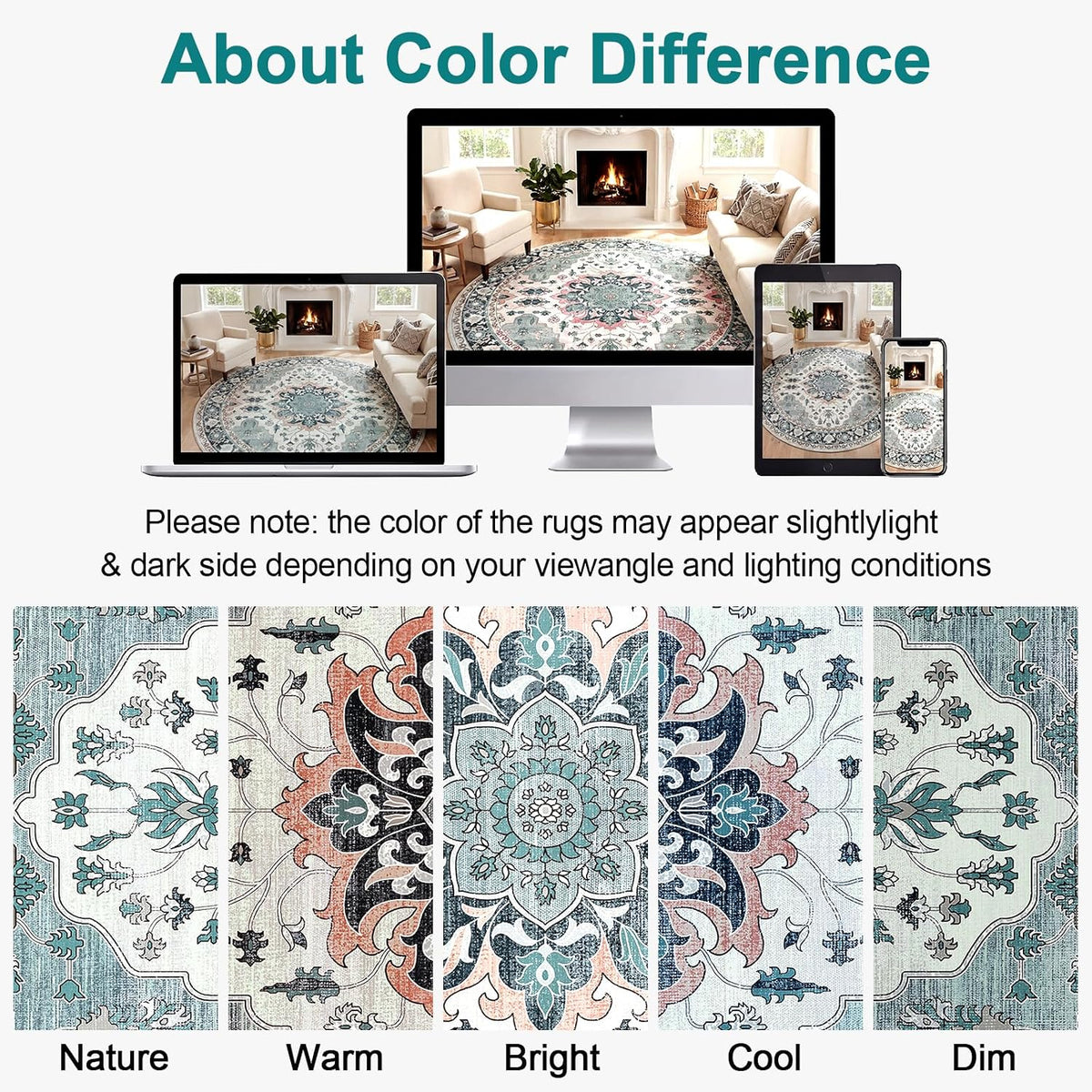 6ft Round Washable Rug for Reading Nook, Soft Vintage Floral Carpet