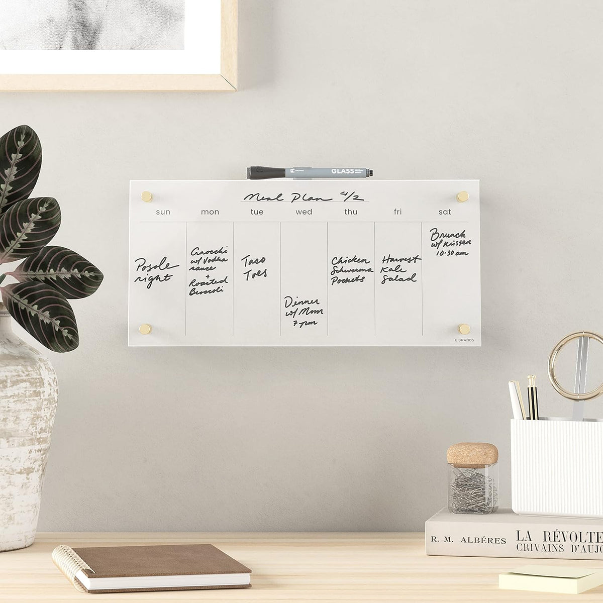 U Brands Clear Acrylic Dry Erase White Board for Wall, Calendar, Gold