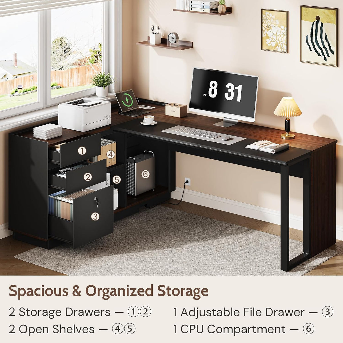 70" Executive Desk with Cabinet Storage, L-Shaped Office Desk with 3 Dra...