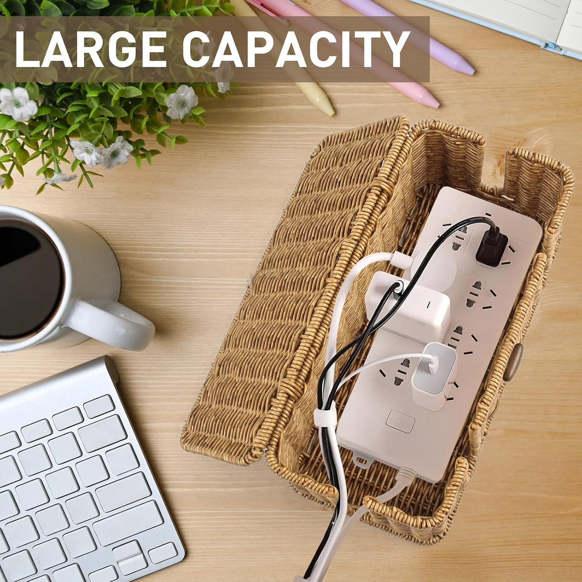 2 Pcs Large Rattan Cable Management Box, Cord Organizer Box with Lid Under De...