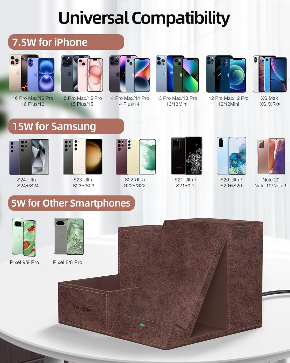 Wireless Charger with Desk Organizer, 3 Compartments and 1 Phone Stand
