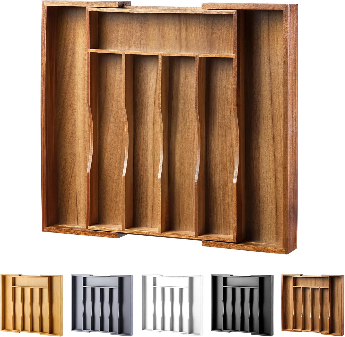 Expandable Acacia Kitchen Drawer Organizer for Cutlery and Utensils, Adjustab...