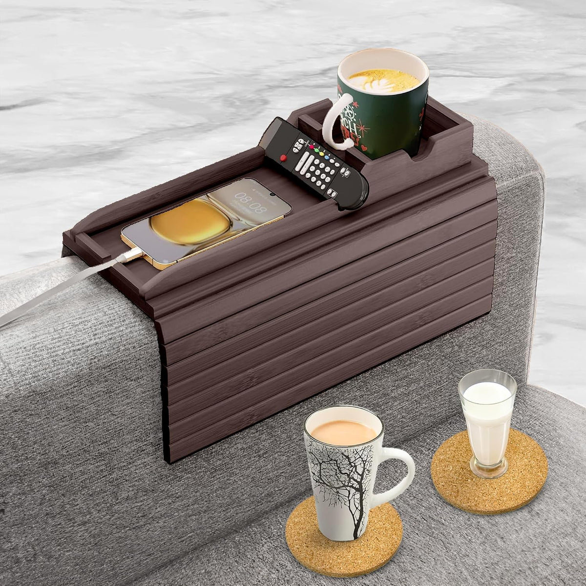 Couch Cup Holder, 2 Cork Coasters, Anti-Slip Foldable Couch Arm Tray Walnut