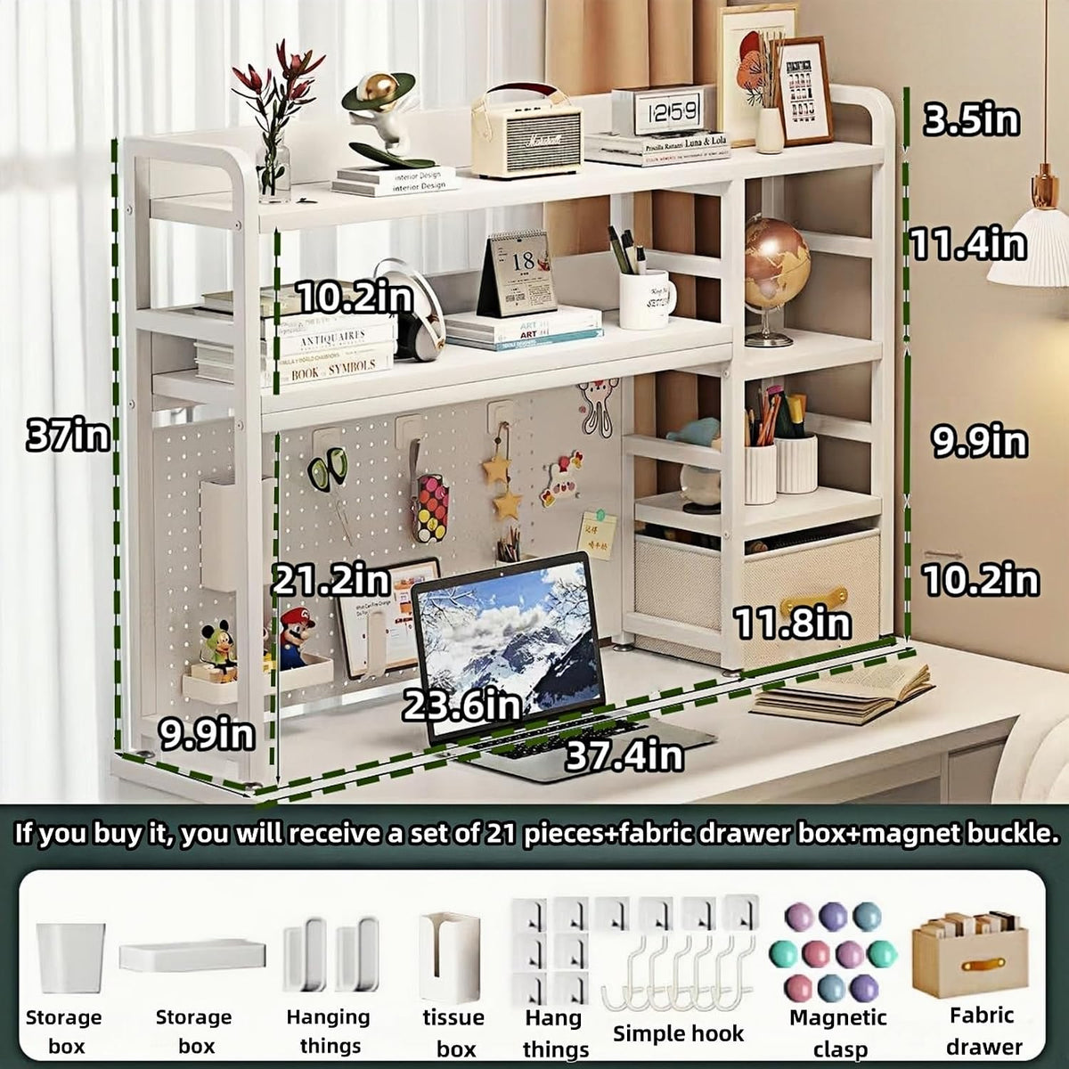 Desktop Bookshelf, pegboard Storage and Organization Rack, Dorm Desk Shelf, D...