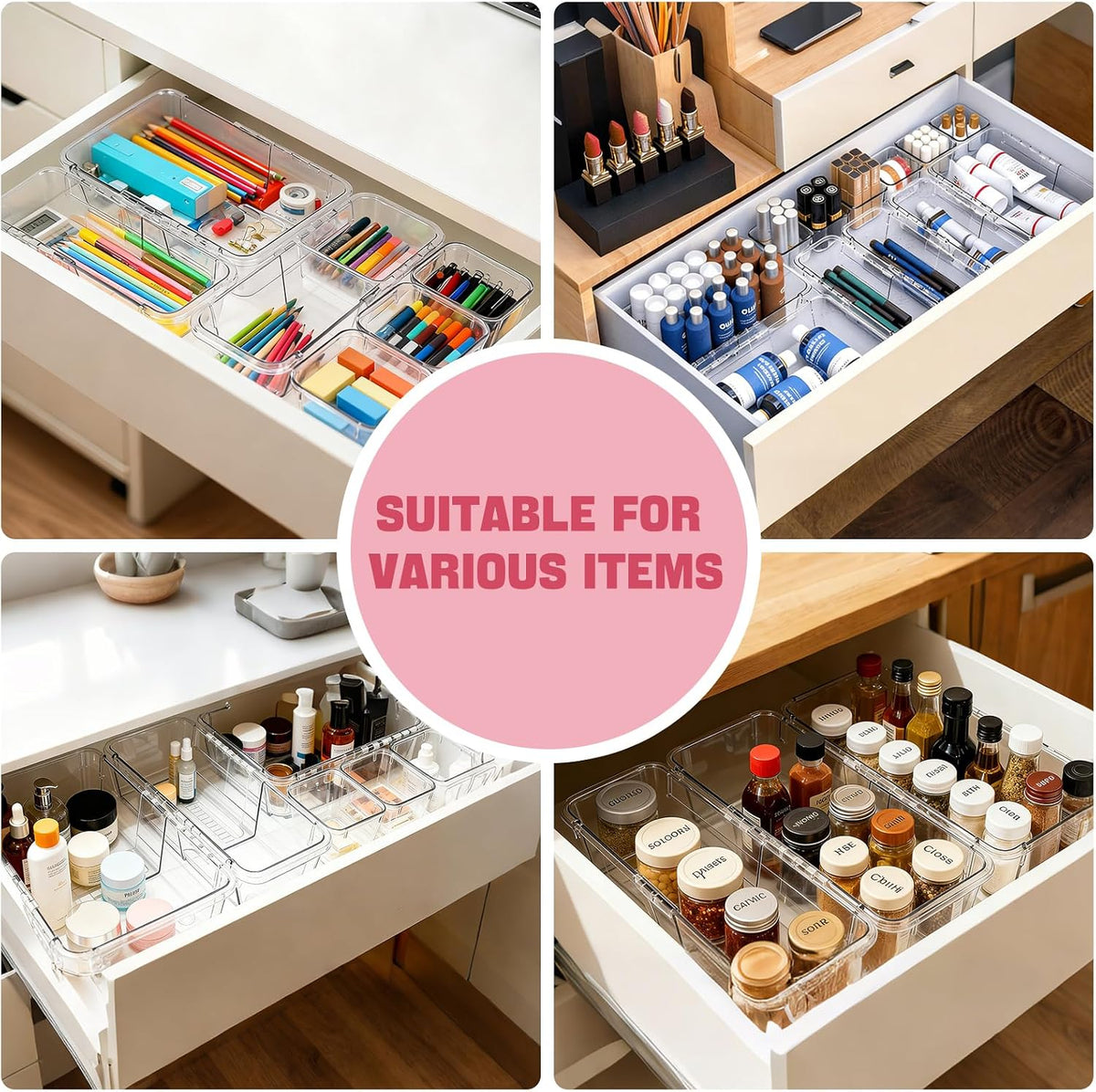 15 PCS Extendable Drawer Organizer Set Clear Stackable Vanity Storage Bins