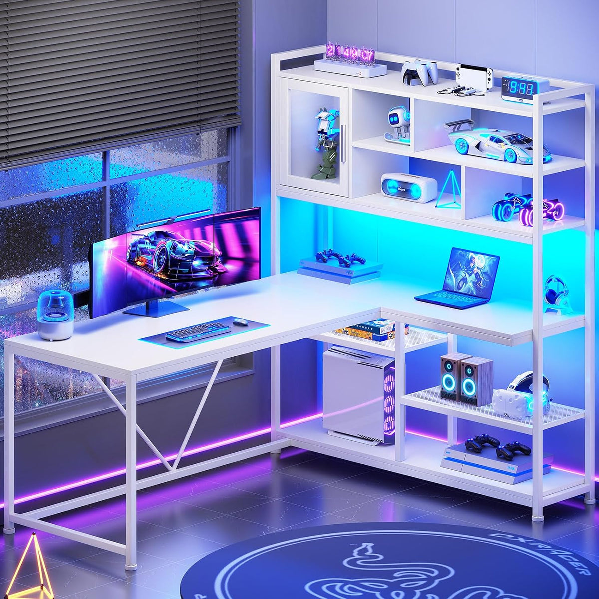 SEDETA L Shaped Computer Desk with Storage Shelves and Bookshelf, White