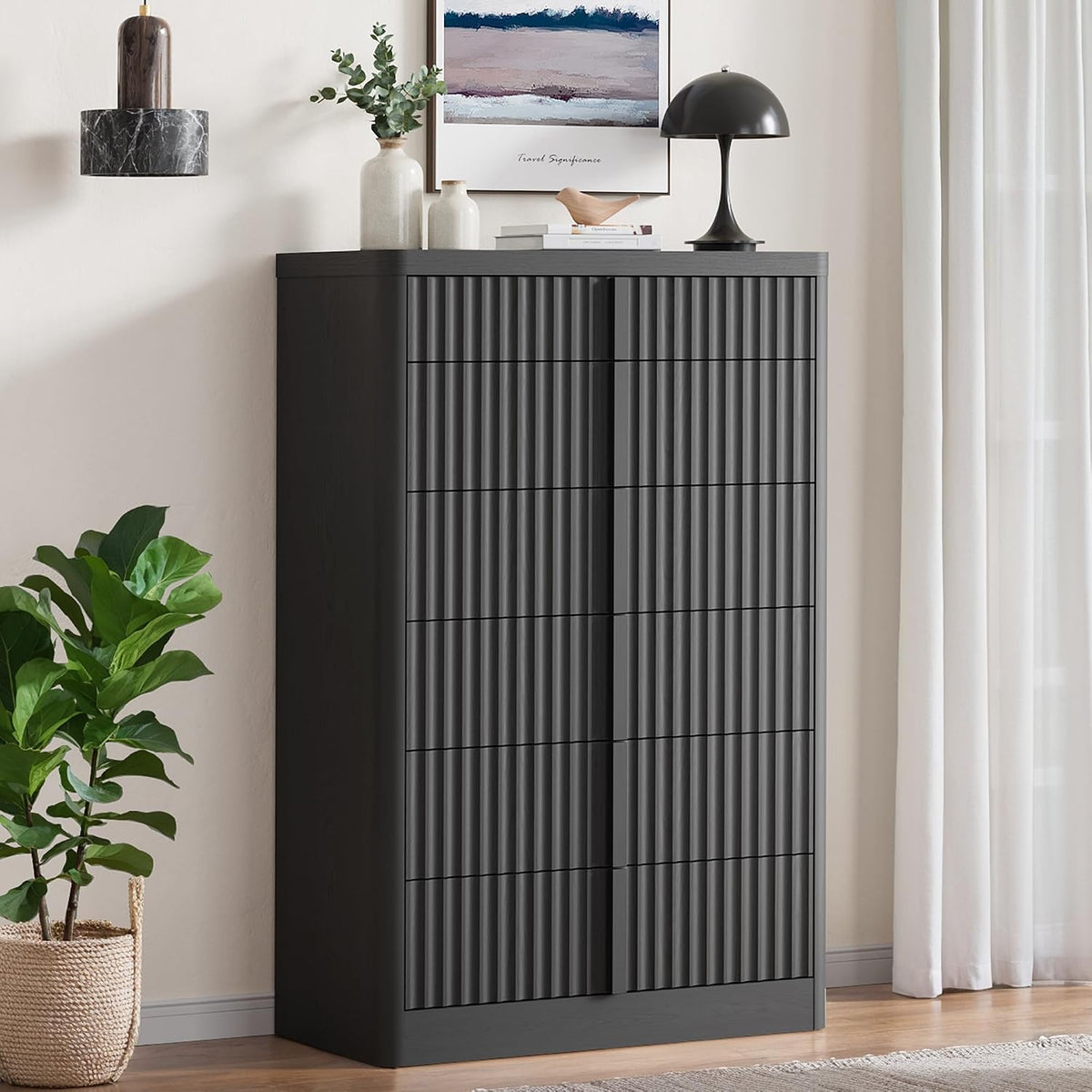 Fluted Dresser for Bedroom, 48" Tall 6 Drawer Dresser, Modern Chest of D...