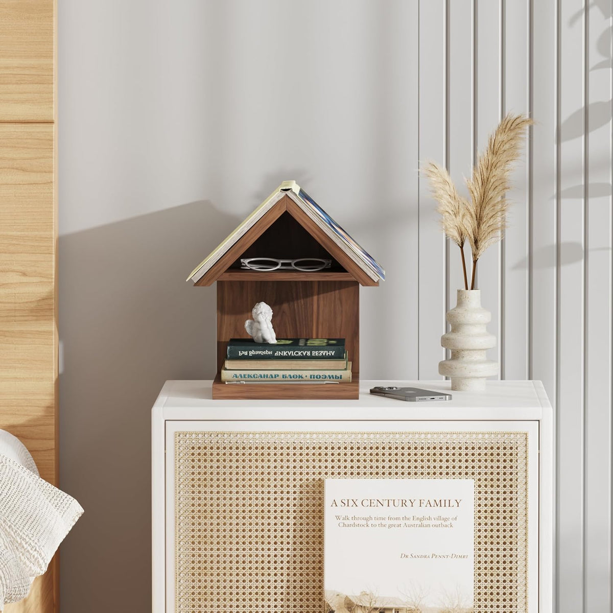 Floating Bedside Wood Bookshelf, Triangle Book Page Holder, Wooden Simple Boo...