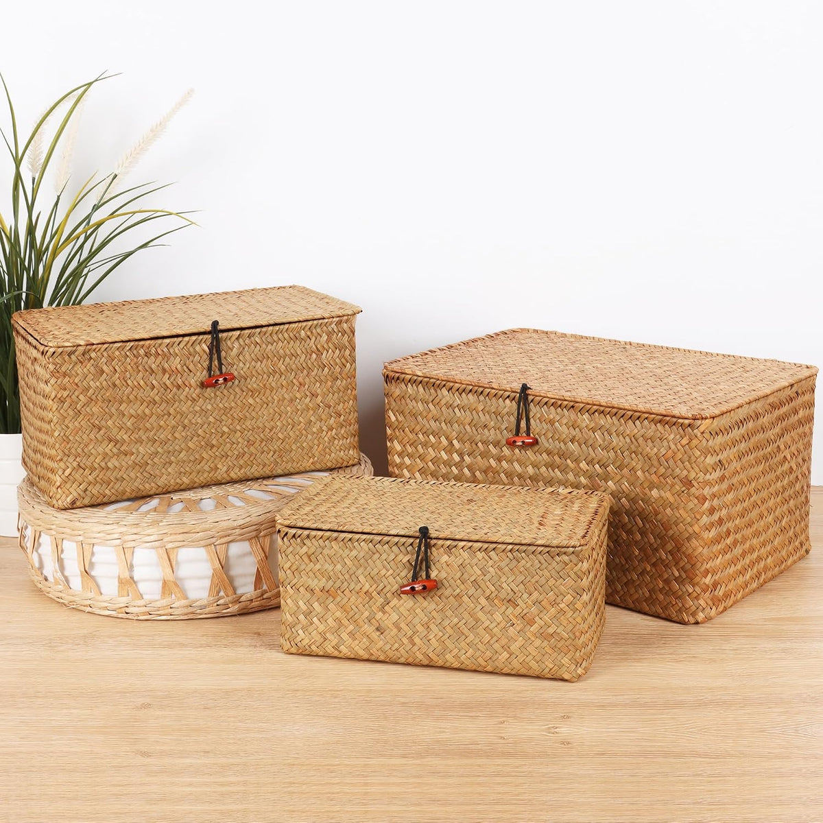 Moosky Wicker Shelf Baskets with Lid,Natural Seagrass Storage Basket Boxes Ha...