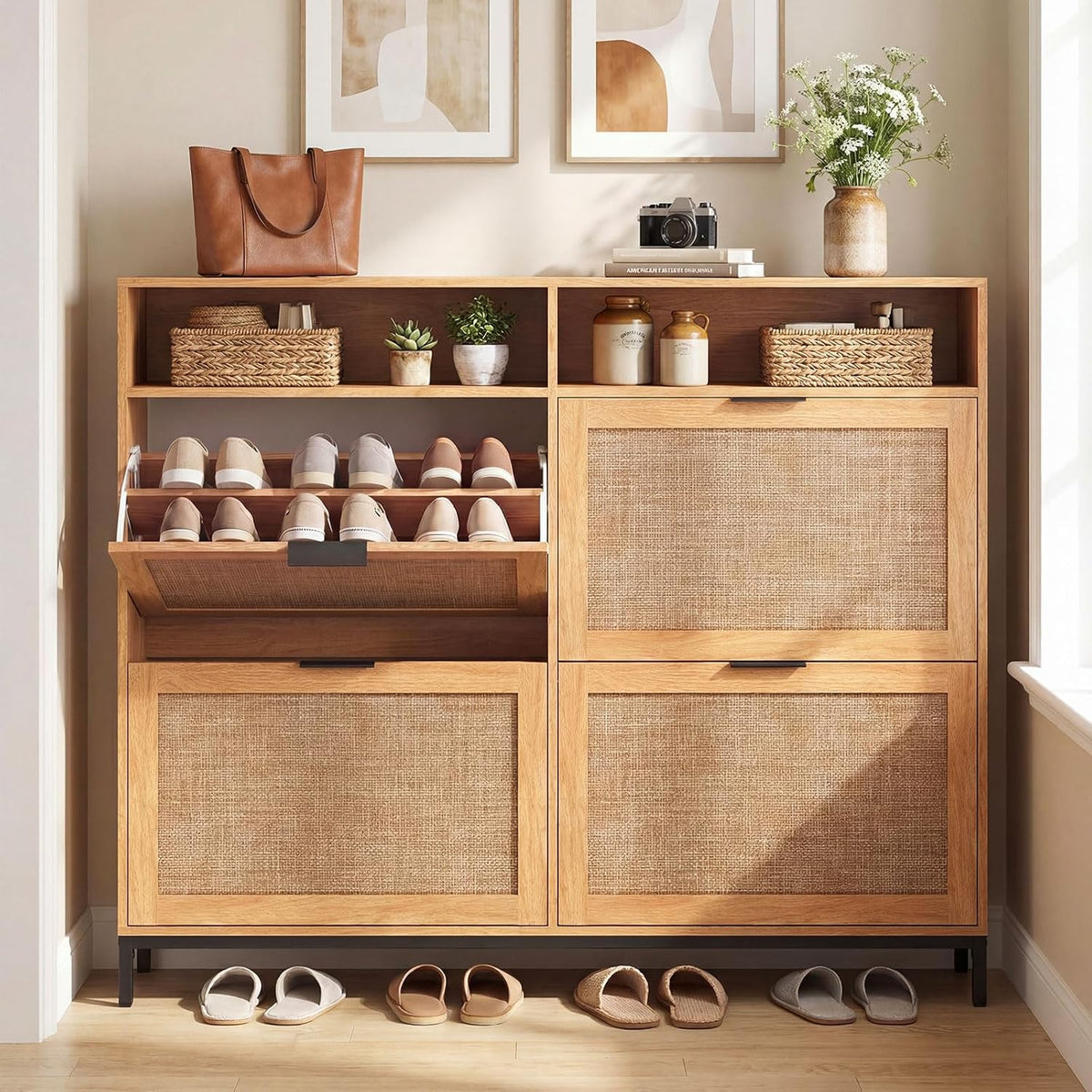 GIANTEX Slim Shoe Storage Cabinet with 4 Flip Drawers & 2 Open Compartments