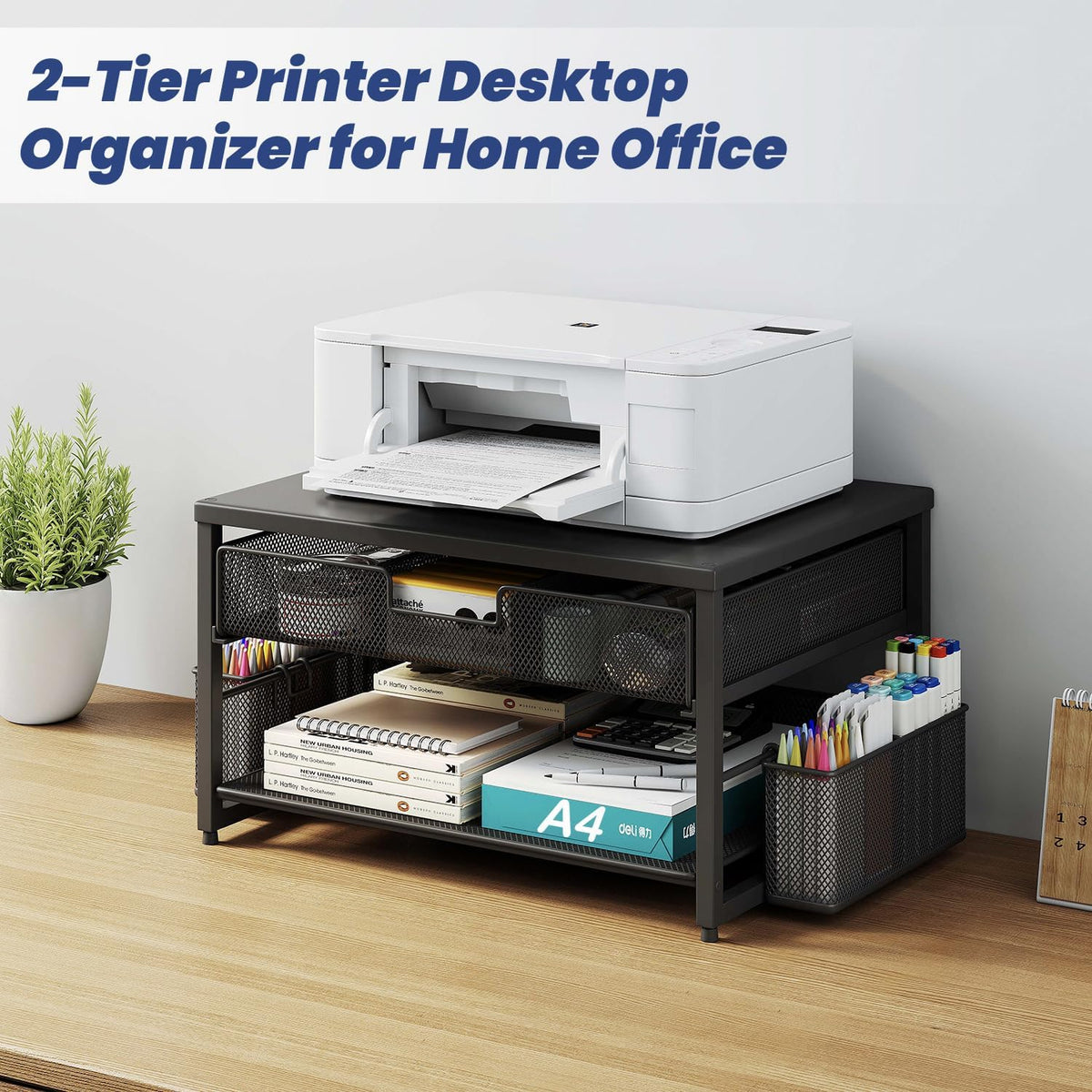 Metal Desktop Printer Stand with Storage Drawer & 2 Pen Holders,2 Tier Ho...