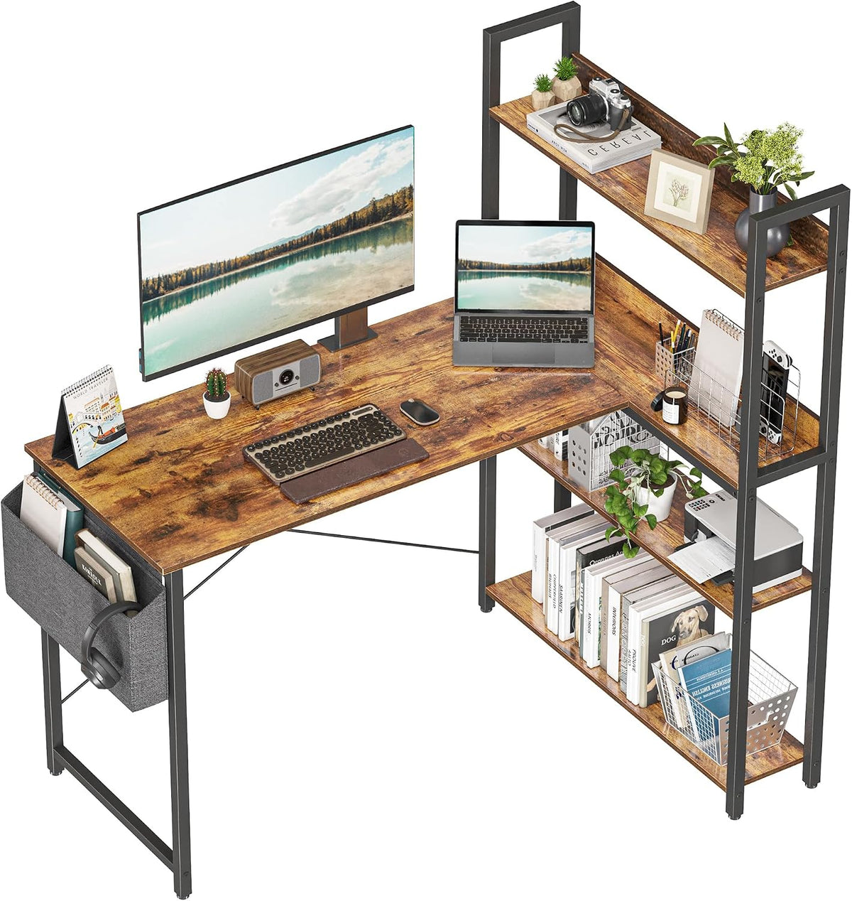 Treesland 47 Inch Computer Desk with Bookshelf, Corner Desk with Storage, L S...